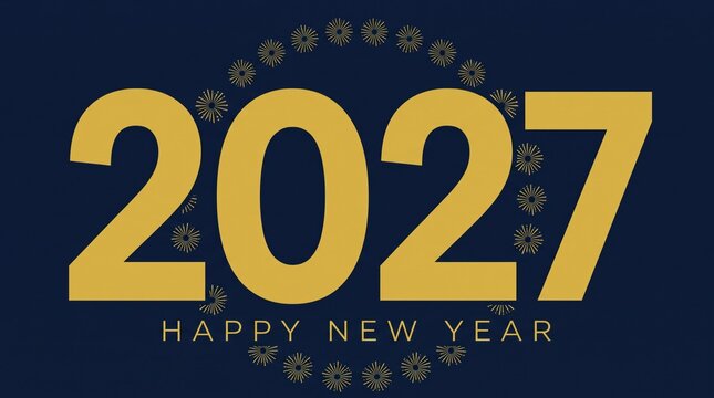 Happy New Year 2027 elegant gold typography on dark blue background, luxury 2027 calendar cover design, festive holiday greeting card