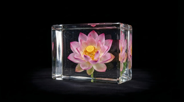 Pink lotus encased in clear glass block, dramatic spotlight on black background