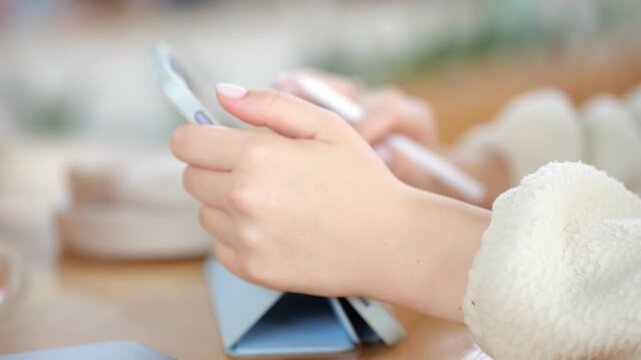 Close-up of hands using smartphone and stylus. Soft focus background with wooden table. Person wears fluffy white sweater. Device rests on blue stand. Warm indoor lighting. Calm, focused atmosphere