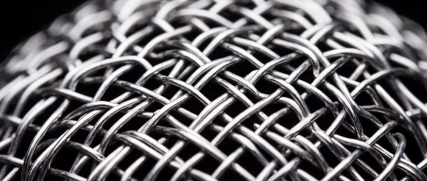 Close-up macro shot of braided metallic wire mesh material forming a complex woven pattern background with shiny silver strands