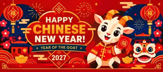 Naklejka premium Modern Chinese New Year 2027 banner. Stylized geometric shape goat. Red, gold, and blue festive composition. Contemporary Asian celebration artwork Typography horizontal layout for digital print 