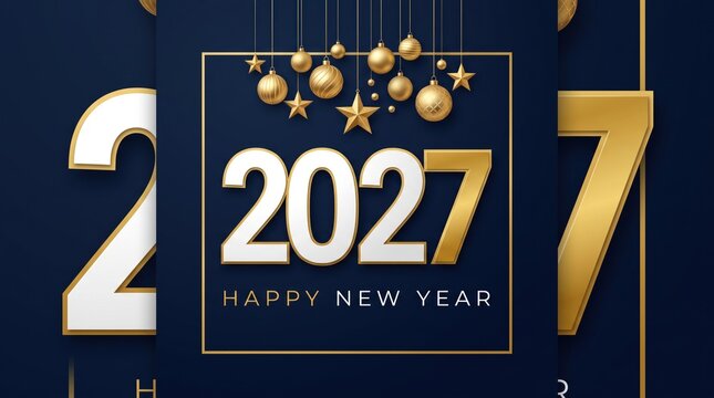 Happy New Year 2027 elegant greeting card, golden 2027 typography with hanging ornaments, luxury holiday celebration background on navy blue