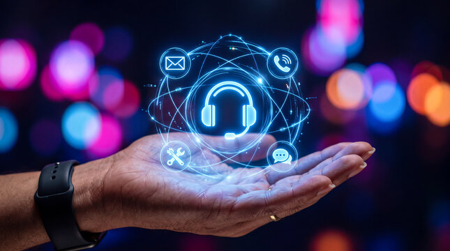 Close up of a hand holding a glowing holographic customer support interface with headset and IT service icons.