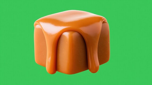 A single cube confection covered in smooth, dripping caramel sauce.