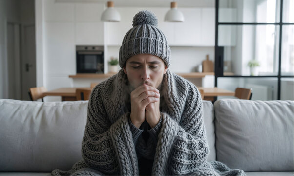 Freezing Young Man Wrapped in Knitted Blanket and Hat at Home