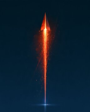 Glowing red paper airplane launching upward like a rocket with fiery exhaust against dark blue sky