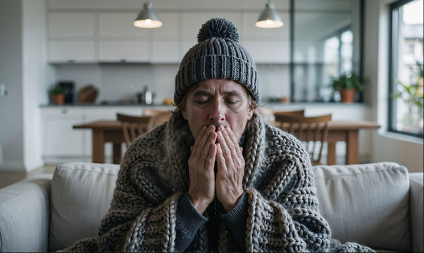 Freezing Young Man Wrapped in Knitted Blanket and Hat at Home