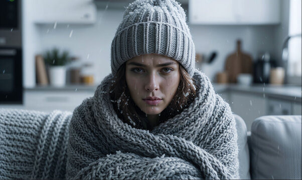 Freezing Young Woman Wrapped in Knitted Blanket and Hat at Home