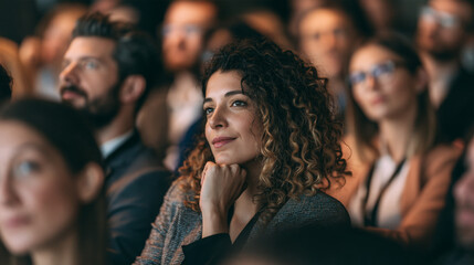 Obraz premium Thoughtful woman in audience listening attentively at a professional business conference or seminar