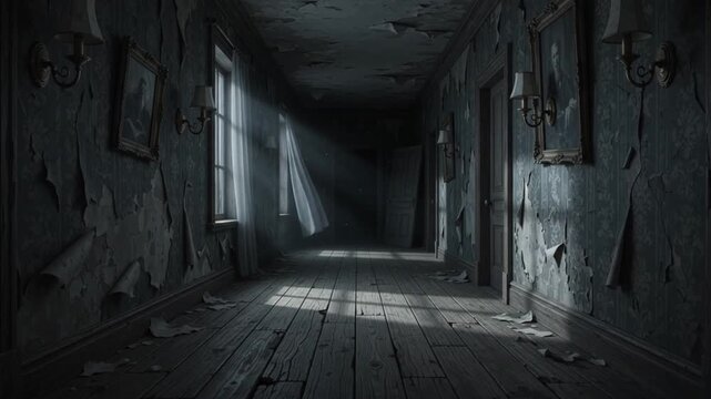 Abandoned dark mansion hallway featuring blowing curtains and creeping light rays captured in this mysterious cinematic motion animation video footage