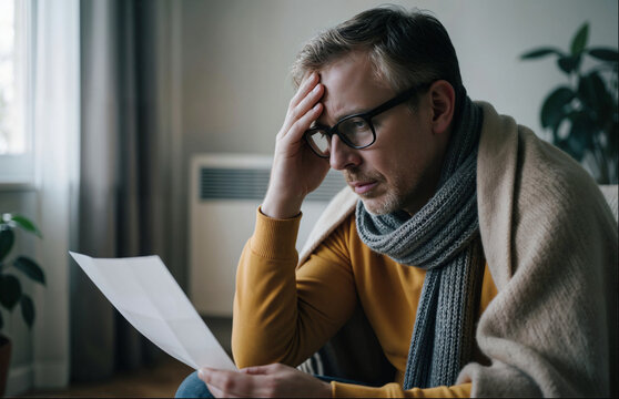 Stressed Man Wrapped in a Blanket Looking at High Utility Bills