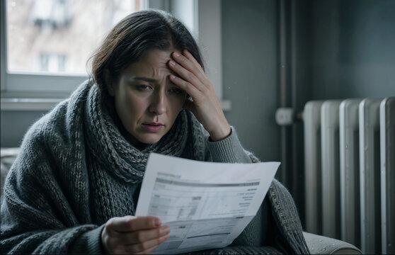 Stressed Woman Wrapped in a Scarf Looking at High Utility Bills