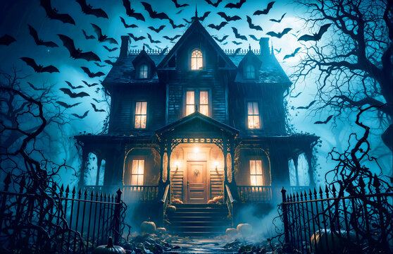 Spooky Haunted House at Night with Bats and Glowing Windows for Halloween