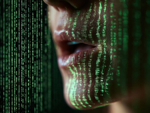 Close Up View of Human Face with Matrix Style Green Binary Digital Code Projection, Concept for Artificial Intelligence, Data Privacy, Cyber Security, Biometric Recognition, and Future Technology