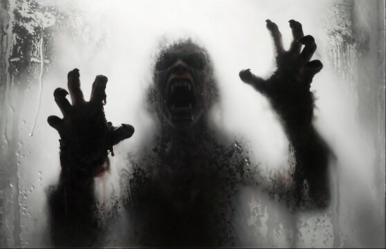 Scary Monster Silhouette Behind Frosted Glass Screaming and Reaching Out