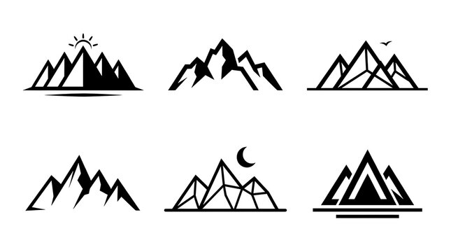 Set of black mountain icons and silhouettes in simple linear style with geometry