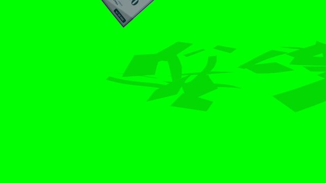 A 3D greenscreen animation of a stylized Hungary Hungarian Forint money stack completely breaking apart into flying banknotes. The HUF notes rise through the air before falling like money rain, collid