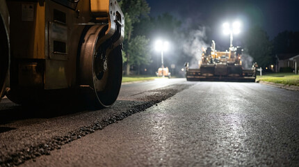 Fototapeta premium Road roller drum compacting hot asphalt at night