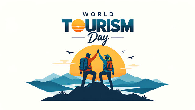 World tourism day illustration with hikers standing on a mountain peak giving a high five against a sunset background, world tourism day 2026, tourism day 2026, tourism day