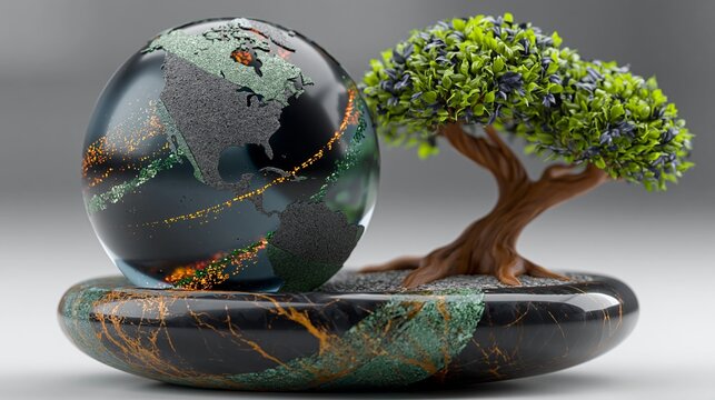 A glass globe showing continents sits next to a stylized tree on a marbled base against a gray background.