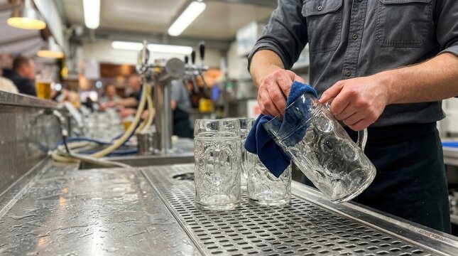 Bartender Polishing Glass Beer Steins at a Bustling Pub Counter