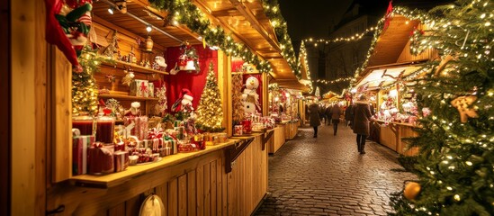 Fototapeta premium Christmas market stalls illuminating festive holiday decorations at night, banner
