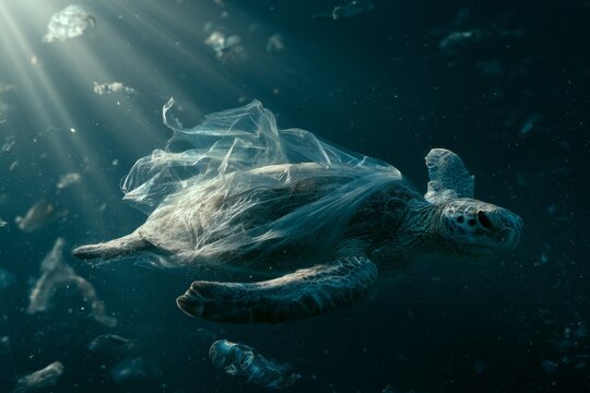 Sea turtle swimming entangled in plastic waste underwater