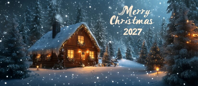 Merry christmas 2027 log cabin winter wonderland scene, banner