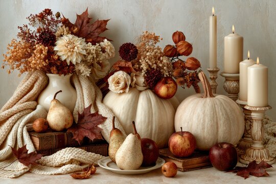 Autumn harvest still life with pumpkins and candles