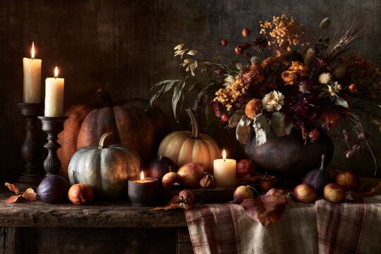 Autumn still life with pumpkins, flowers, and lit candles