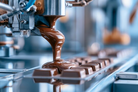 Liquid chocolate pouring on confectionery production line