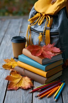 Backpack with books, pencils, coffee cup on wooden table, vertical