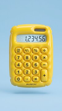 yellow inflatable balloon calculator with numbers on blue background, finance and math education concept