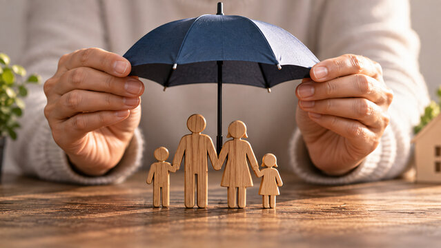 Wooden family figures protected by a large umbrella held by an adult, symbolizing insurance, financial security, family care, and protection against unexpected risks