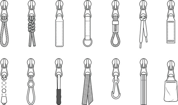 Zipper pull vector set with various styles of sliders, cords, ribbons, and tabs in outline style
