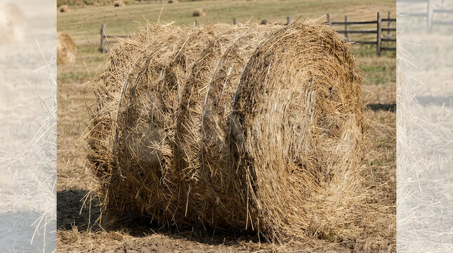 Large round hay bale in a green farm field illustration