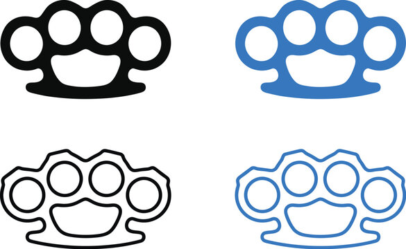 Set of four brass knuckles icons in different styles and blue and black colors