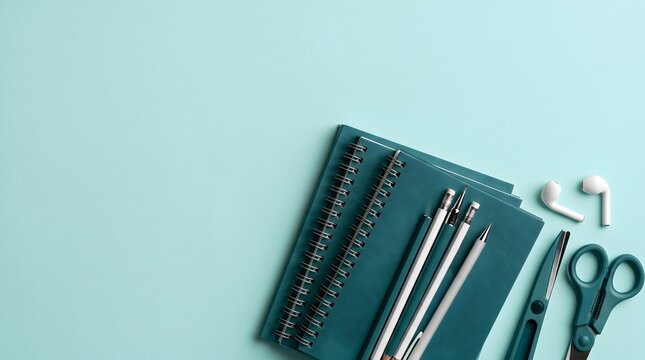 A flat lay of school supplies including notebooks, pencils, scissors, and earbuds on a pale blue background