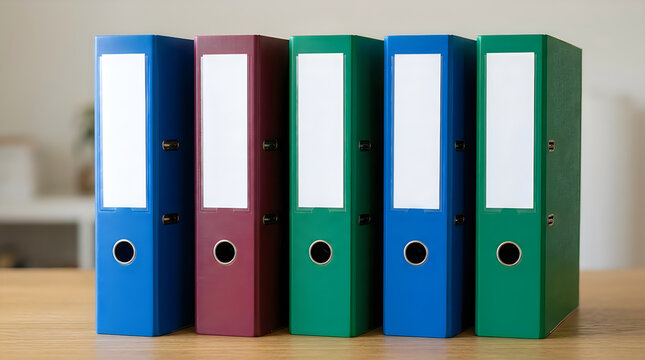 Five colorful office folders standing on a wooden desk illustration