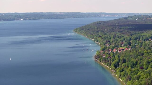 Aerial view of Lake Starnberg and Bavarian Alps in Germany