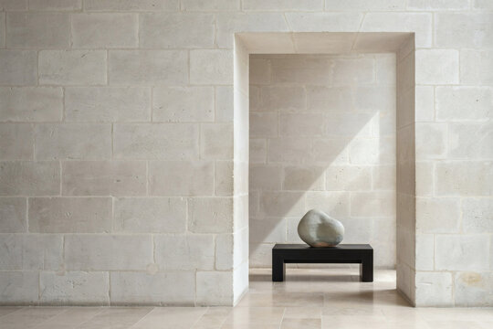 Minimalist Stone Architecture Featuring an Organic Sculptural Decor Piece on a Simple Black Bench in a Sunlit Corridor