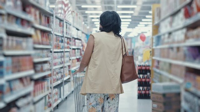 Mature Woman Shopping for Groceries in a Supermarket Aisle