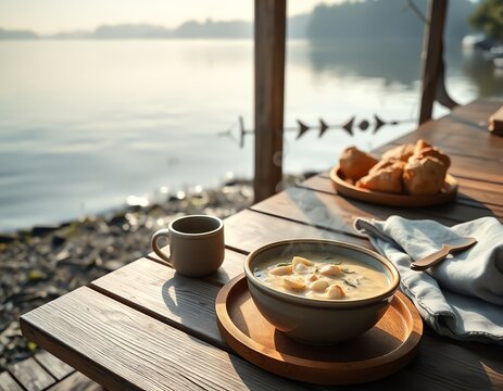 Homemade Chowder Breakfast on Lakeside Wooden Table