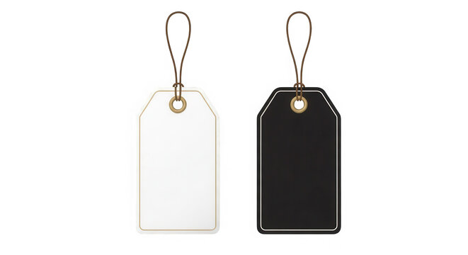 Blank black and white paper price tags with strings isolated on transparent background