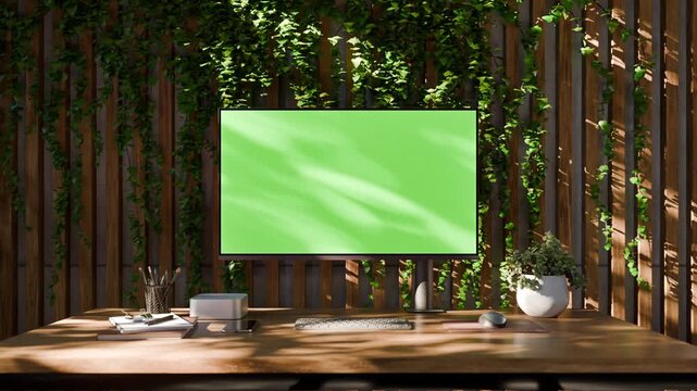 Computer PC Monitor Green Screen in Modern Concrete Office Workspace with and Indoor Plants - Looping Video, Front View