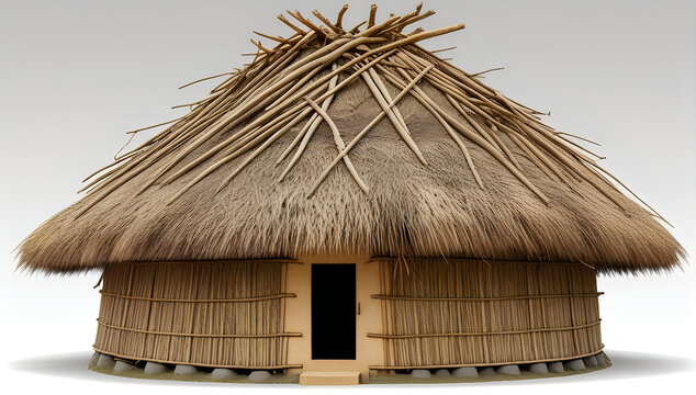 Traditional round hut with thatched roof and wooden walls illustration