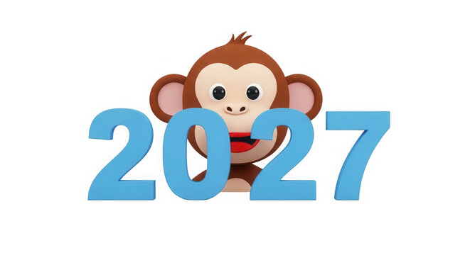 Cute monkey character with 2027 numbers for new year celebration isolated on transparent background