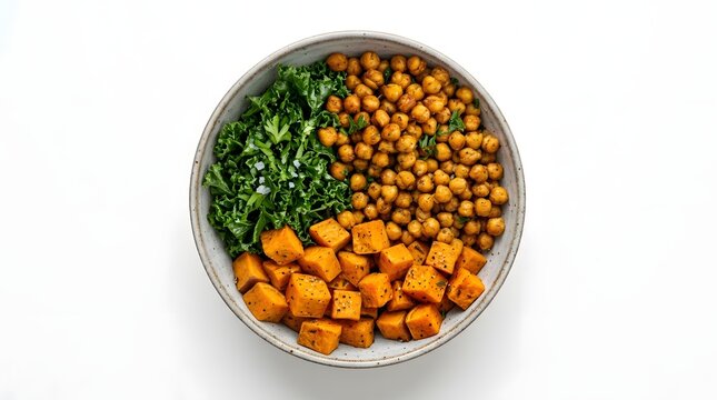 Healthy bowl with roasted chickpeas sweet potato chunks and leafy kale greens providing nutritious energy for a balanced plant based lifestyle and wellness journey for people eating wholesome