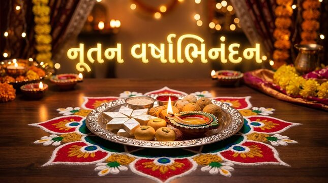 Nutan Varshabhinandan Gujarati New Year greeting banner with traditional sweets thali on colorful rangoli and glowing diyas

