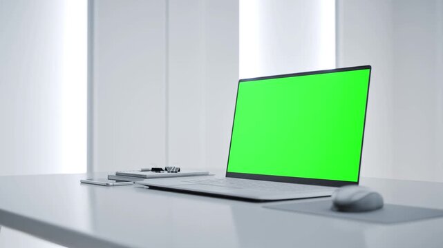 Laptop with Green Screen on White Desk in Modern Clean Tech Lab Interior